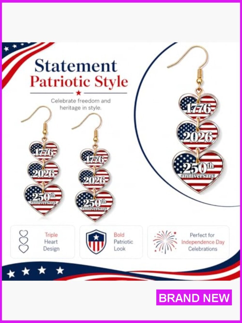 Patriotic Drop Dangle Earrings USA 250th Anniversary Independence Day Gift - Picture 5 of 7